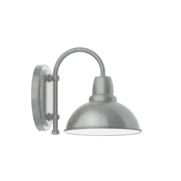 Our wall sconces are our smallest outdoor fixtures, but they add just the right amount of light to your entryway. Hang alone or in pairs on either side of a front door or garage, even inside next to a bed. Available in multiple shade styles to suit your décor, be it modern farmhouse, coastal cottage, or industrial loft. Collection: Cafe Finish: Painted Galvanized Glass: 8 inch Cafe Width: 8.13" Height: 8.88" Length: 10.75" Weight: 7.00 lb Extension from Wall: 10.75" Canopy: 6.875" diameter Number of Bulbs: 1 Maximum Wattage: 8.00 W Bulb Type: LED Light Source: LED Light Output: 800.00 lm Color Temperature: 3000 K CRI: 90 Dimmable Rated Average Life: 50,000 Voltage: 120.00 V Country of Origin: US Safety Listing: UL/cUL Safety Rating: Wet Dark Sky LED Manufacturer Warranty: 1-year limited warranty on the fixture.