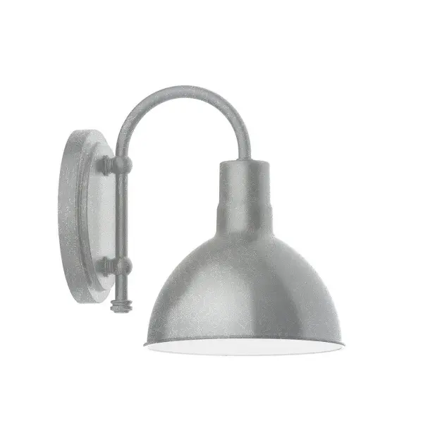Our wall sconces are our smallest outdoor fixtures, but they add just the right amount of light to your entryway. Hang alone or in pairs on either side of a front door or garage, even inside next to a bed. Available in multiple shade styles to suit your décor, be it modern farmhouse, coastal cottage, or industrial loft. Collection: Deep Bowl Finish: Painted Galvanized Glass: 8 inch Deep Bowl Notes: Option (1) A19 LED and 1-Integrated 8W Width: 8.00" Height: 10.50" Length: 8.00" Weight: 3.50 lb Extension from Wall: 10.75" Canopy: 6.625" diameter Number of Bulbs: 1 Maximum Wattage: 100.00 W Bulb Type: A19 Bulb Base: E26 Medium Light Source: Incandescent or LED equivalent Dimmable Voltage: 120.00 V Country of Origin: US Safety Listing: UL/cUL Safety Rating: Wet Dark Sky LED Manufacturer Warranty: 1-year limited warranty on the fixture.