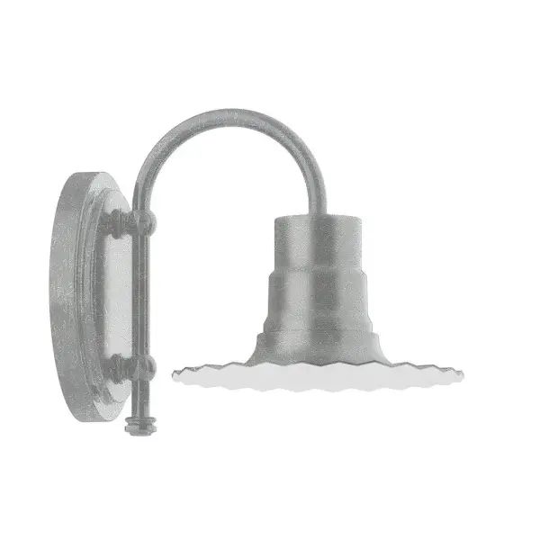 Our wall sconces are our smallest outdoor fixtures, but they add just the right amount of light to your entryway. Hang alone or in pairs on either side of a front door or garage, even inside next to a bed. Available in multiple shade styles to suit your décor, be it modern farmhouse, coastal cottage, or industrial loft. Collection: Radial Finish: Painted Galvanized Glass: 8 inch Radial Notes: Option (1) A19 LED and 1-Integrated 8W Width: 8.00" Height: 9.00" Length: 8.00" Weight: 7.00 lb Extension from Wall: 10.75" Canopy: 6.625" diameter Number of Bulbs: 1 Maximum Wattage: 100.00 W Bulb Type: A19 Bulb Base: E26 Medium Light Source: Incandescent or LED equivalent Dimmable Voltage: 120.00 V Country of Origin: US Safety Listing: UL/cUL Safety Rating: Wet Dark Sky LED Manufacturer Warranty: 1-year limited warranty on the fixture.