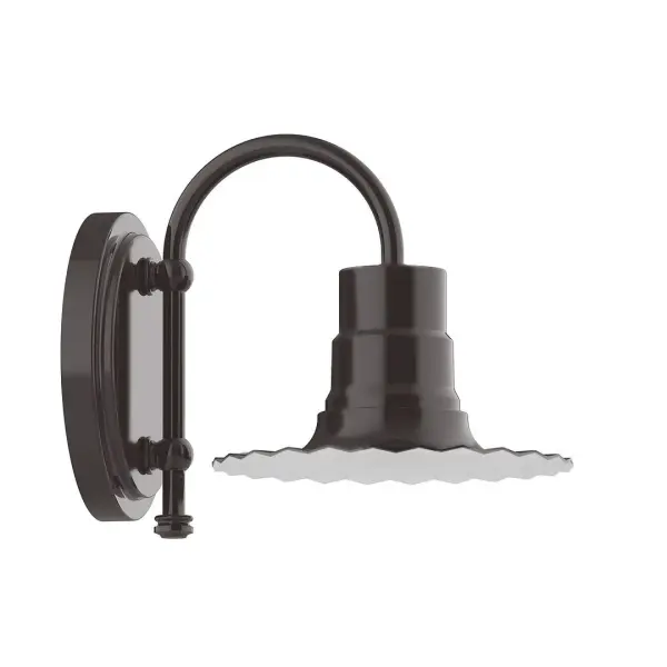 Our wall sconces are our smallest outdoor fixtures, but they add just the right amount of light to your entryway. Hang alone or in pairs on either side of a front door or garage, even inside next to a bed. Available in multiple shade styles to suit your décor, be it modern farmhouse, coastal cottage, or industrial loft. Collection: Radial Finish: Architectural Bronze Glass: 8 inch Radial Notes: Option (1) A19 LED and 1-Integrated 8W Width: 8.00" Height: 9.00" Length: 8.00" Weight: 7.00 lb Extension from Wall: 10.75" Canopy: 6.625" diameter Number of Bulbs: 1 Maximum Wattage: 100.00 W Bulb Type: A19 Bulb Base: E26 Medium Light Source: Incandescent or LED equivalent Dimmable Voltage: 120.00 V Country of Origin: US Safety Listing: UL/cUL Safety Rating: Wet Dark Sky LED Manufacturer Warranty: 1-year limited warranty on the fixture.