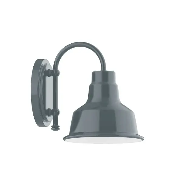 Our wall sconces are our smallest outdoor fixtures, but they add just the right amount of light to your entryway. Hang alone or in pairs on either side of a front door or garage, even inside next to a bed. Available in multiple shade styles to suit your décor, be it modern farmhouse, coastal cottage, or industrial loft. Collection: Warehouse Finish: Slate Gray Glass: 8 inch Warehouse Width: 8.00" Height: 10.00" Length: 10.75" Weight: 7.00 lb Extension from Wall: 10.75" Canopy: 6.625" diameter Number of Bulbs: 1 Maximum Wattage: 8.00 W Bulb Type: LED Light Source: LED Light Output: 800.00 lm Color Temperature: 3000 K CRI: 90 Dimmable Rated Average Life: 50,000 Voltage: 120.00 V Country of Origin: US Safety Listing: UL/cUL Safety Rating: Wet Dark Sky LED Manufacturer Warranty: 1-year limited warranty on the fixture.