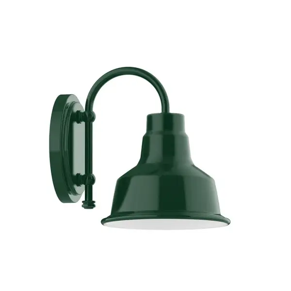 Our wall sconces are our smallest outdoor fixtures, but they add just the right amount of light to your entryway. Hang alone or in pairs on either side of a front door or garage, even inside next to a bed. Available in multiple shade styles to suit your décor, be it modern farmhouse, coastal cottage, or industrial loft. Collection: Warehouse Finish: Forest Green Glass: 8 inch Warehouse Width: 8.00" Height: 10.00" Length: 10.75" Weight: 7.00 lb Extension from Wall: 10.75" Canopy: 6.625" diameter Number of Bulbs: 1 Maximum Wattage: 8.00 W Bulb Type: LED Light Source: LED Light Output: 800.00 lm Color Temperature: 3000 K CRI: 90 Dimmable Rated Average Life: 50,000 Voltage: 120.00 V Country of Origin: US Safety Listing: UL/cUL Safety Rating: Wet Dark Sky LED Manufacturer Warranty: 1-year limited warranty on the fixture.