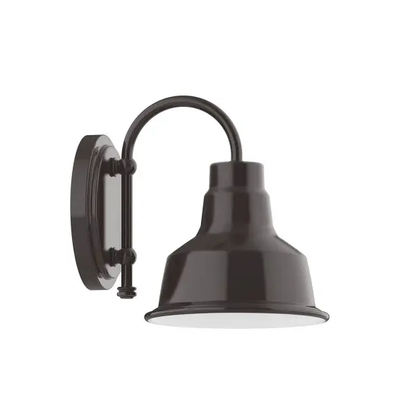 Our wall sconces are our smallest outdoor fixtures, but they add just the right amount of light to your entryway. Hang alone or in pairs on either side of a front door or garage, even inside next to a bed. Available in multiple shade styles to suit your décor, be it modern farmhouse, coastal cottage, or industrial loft. Collection: Warehouse Finish: Architectural Bronze Glass: 8 inch Warehouse Width: 8.00" Height: 10.00" Length: 10.75" Weight: 7.00 lb Extension from Wall: 10.75" Canopy: 6.625" diameter Number of Bulbs: 1 Maximum Wattage: 8.00 W Bulb Type: LED Light Source: LED Light Output: 800.00 lm Color Temperature: 3000 K CRI: 90 Dimmable Rated Average Life: 50,000 Voltage: 120.00 V Country of Origin: US Safety Listing: UL/cUL Safety Rating: Wet Dark Sky LED Manufacturer Warranty: 1-year limited warranty on the fixture.