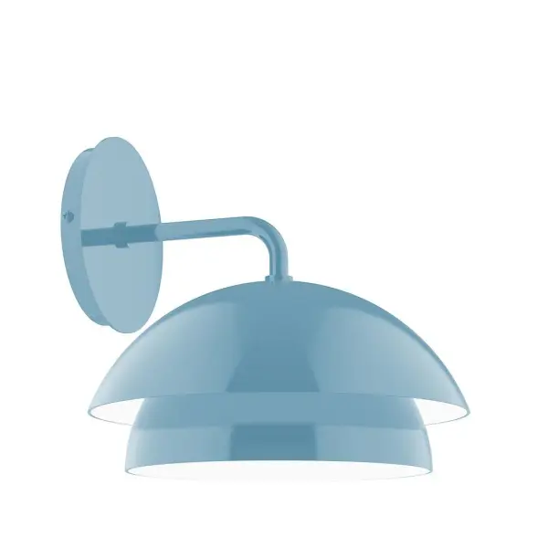 Axis, a contemporary series of basic spun geometric shapes, is simply configured for interior use. Colorful and clean-lined, these axially symmetric shapes will add pizzazz to your space. Collection: Nest Finish: Light Blue Glass: 10 inch Nest Width: 10.00" Height: 9.50" Length: 10.25" Weight: 4.00 lb Extension from Wall: 10.25" Canopy: 5" diameter Number of Bulbs: 1 Maximum Wattage: 8.00 W Bulb Type: LED Light Source: LED Light Output: 800.00 lm Color Temperature: 3000 K CRI: 90 Dimmable Rated Average Life: 50,000 Voltage: 120.00 V Country of Origin: US Safety Listing: UL/cUL Safety Rating: Dry LED Manufacturer Warranty: 1-year limited warranty on the fixture.