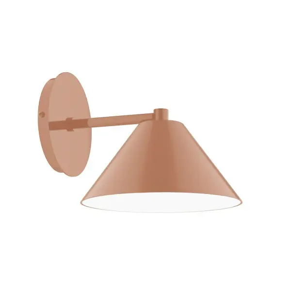 Pinnacle, a contemporary series of basic spun geometric shapes, is simply configured for interior use. Colorful and clean-lined, these axially symmetric shapes will add pizzazz to your space. Collection: Pinnacle Finish: Terracotta Glass: 8 inch Pinnacle Width: 8.00" Height: 7.13" Length: 9.63" Weight: 4.00 lb Extension from Wall: 9.63" Canopy: 5" diameter Number of Bulbs: 1 Maximum Wattage: 8.00 W Bulb Type: LED Light Source: LED Light Output: 800.00 lm Color Temperature: 3000 K CRI: 90 Dimmable Rated Average Life: 50,000 Voltage: 120.00 V Country of Origin: US Safety Listing: UL/cUL Safety Rating: Wet LED Manufacturer Warranty: 1-year limited warranty on the fixture.