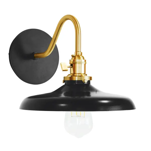 The Uno Wall Sconce is a nod to our industrial roots. Designed around a single Uno socket and shade holder, with multiple shades in various materials, the options for this series are endless. These sconces are for interior use, great fixtures in a living area, bedroom or kitchen. Collection: Uno Finish: Black w/Brushed Brass Glass: 10 inch Uno Notes: Option (1) A19 LED or A19 LED Filament Width: 10.00" Height: 8.25" Length: 11.63" Weight: 6.00 lb Extension from Wall: 11.63" Canopy: 5" diameter Number of Bulbs: 1 Maximum Wattage: 100.00 W Bulb Type: A19 Bulb Base: E26 Medium Light Source: Incandescent or LED equivalent Dimmable Voltage: 120.00 V Country of Origin: US Safety Listing: UL/cUL Safety Rating: Dry Dark Sky LED Manufacturer Warranty: 1-year limited warranty on the fixture.