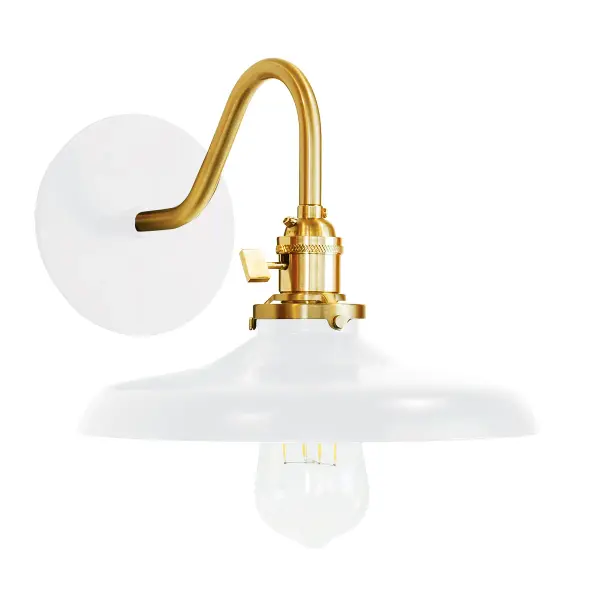 The Uno Wall Sconce is a nod to our industrial roots. Designed around a single Uno socket and shade holder, with multiple shades in various materials, the options for this series are endless. These sconces are for interior use, great fixtures in a living area, bedroom or kitchen. Collection: Uno Finish: White w/Brushed Brass Glass: 10 inch Uno Notes: Option (1) A19 LED or A19 LED Filament Width: 10.00" Height: 8.25" Length: 11.63" Weight: 6.00 lb Extension from Wall: 11.63" Canopy: 5" diameter Number of Bulbs: 1 Maximum Wattage: 100.00 W Bulb Type: A19 Bulb Base: E26 Medium Light Source: Incandescent or LED equivalent Dimmable Voltage: 120.00 V Country of Origin: US Safety Listing: UL/cUL Safety Rating: Dry Dark Sky LED Manufacturer Warranty: 1-year limited warranty on the fixture.