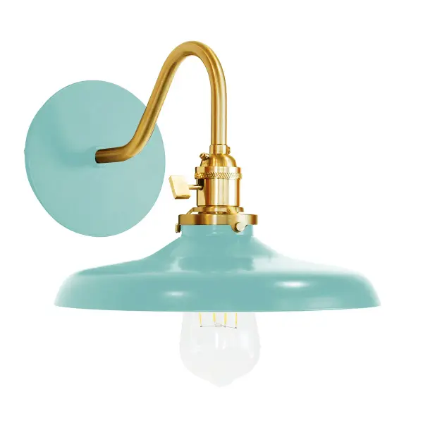 The Uno Wall Sconce is a nod to our industrial roots. Designed around a single Uno socket and shade holder, with multiple shades in various materials, the options for this series are endless. These sconces are for interior use, great fixtures in a living area, bedroom or kitchen. Collection: Uno Finish: Sea Green w/Brushed Brass Glass: 10 inch Uno Notes: Option (1) A19 LED or A19 LED Filament Width: 10.00" Height: 8.25" Length: 11.63" Weight: 6.00 lb Extension from Wall: 11.63" Canopy: 5" diameter Number of Bulbs: 1 Maximum Wattage: 100.00 W Bulb Type: A19 Bulb Base: E26 Medium Light Source: Incandescent or LED equivalent Dimmable Voltage: 120.00 V Country of Origin: US Safety Listing: UL/cUL Safety Rating: Dry Dark Sky LED Manufacturer Warranty: 1-year limited warranty on the fixture.
