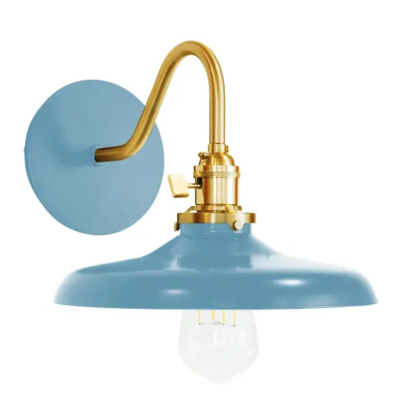 The Uno Wall Sconce is a nod to our industrial roots. Designed around a single Uno socket and shade holder, with multiple shades in various materials, the options for this series are endless. These sconces are for interior use, great fixtures in a living area, bedroom or kitchen. Collection: Uno Finish: Light Blue w/Brushed Brass Glass: 10 inch Uno Notes: Option (1) A19 LED or A19 LED Filament Width: 10.00" Height: 8.25" Length: 11.63" Weight: 6.00 lb Extension from Wall: 11.63" Canopy: 5" diameter Number of Bulbs: 1 Maximum Wattage: 100.00 W Bulb Type: A19 Bulb Base: E26 Medium Light Source: Incandescent or LED equivalent Dimmable Voltage: 120.00 V Country of Origin: US Safety Listing: UL/cUL Safety Rating: Dry Dark Sky LED Manufacturer Warranty: 1-year limited warranty on the fixture.