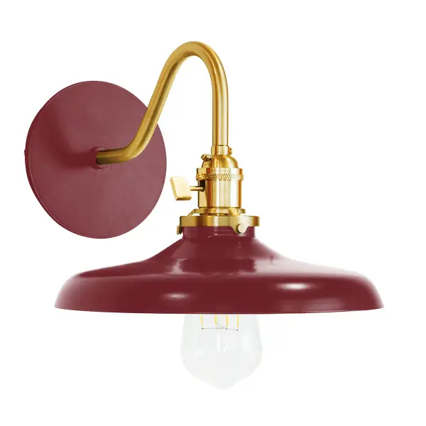The Uno Wall Sconce is a nod to our industrial roots. Designed around a single Uno socket and shade holder, with multiple shades in various materials, the options for this series are endless. These sconces are for interior use, great fixtures in a living area, bedroom or kitchen. Collection: Uno Finish: Barn Red w/Brushed Brass Glass: 10 inch Uno Notes: Option (1) A19 LED or A19 LED Filament Width: 10.00" Height: 8.25" Length: 11.63" Weight: 6.00 lb Extension from Wall: 11.63" Canopy: 5" diameter Number of Bulbs: 1 Maximum Wattage: 100.00 W Bulb Type: A19 Bulb Base: E26 Medium Light Source: Incandescent or LED equivalent Dimmable Voltage: 120.00 V Country of Origin: US Safety Listing: UL/cUL Safety Rating: Dry Dark Sky LED Manufacturer Warranty: 1-year limited warranty on the fixture.