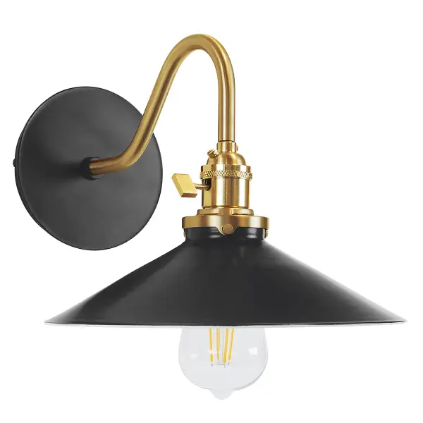 The Uno Wall Sconce is a nod to our industrial roots. Designed around a single Uno socket and shade holder, with multiple shades in various materials, the options for this series are endless. These sconces are for interior use, great fixtures in a living area, bedroom or kitchen. Collection: Uno Finish: Black w/Brushed Brass Glass: 10 inch Uno Notes: Option (1) A19 LED or A19 LED Filament Width: 10.00" Height: 8.50" Length: 12.75" Weight: 6.00 lb Extension from Wall: 12.75" Canopy: 5" diameter Number of Bulbs: 1 Maximum Wattage: 100.00 W Bulb Type: A19 Bulb Base: E26 Medium Light Source: Incandescent or LED equivalent Dimmable Voltage: 120.00 V Country of Origin: US Safety Listing: UL/cUL Safety Rating: Dry Dark Sky LED Manufacturer Warranty: 1-year limited warranty on the fixture.