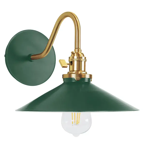 The Uno Wall Sconce is a nod to our industrial roots. Designed around a single Uno socket and shade holder, with multiple shades in various materials, the options for this series are endless. These sconces are for interior use, great fixtures in a living area, bedroom or kitchen. Collection: Uno Finish: Forest Green w/Brushed Brass Glass: 10 inch Uno Notes: Option (1) A19 LED or A19 LED Filament Width: 10.00" Height: 8.50" Length: 12.75" Weight: 6.00 lb Extension from Wall: 12.75" Canopy: 5" diameter Number of Bulbs: 1 Maximum Wattage: 100.00 W Bulb Type: A19 Bulb Base: E26 Medium Light Source: Incandescent or LED equivalent Dimmable Voltage: 120.00 V Country of Origin: US Safety Listing: UL/cUL Safety Rating: Dry Dark Sky LED Manufacturer Warranty: 1-year limited warranty on the fixture.