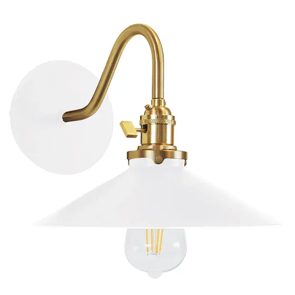 The Uno Wall Sconce is a nod to our industrial roots. Designed around a single Uno socket and shade holder, with multiple shades in various materials, the options for this series are endless. These sconces are for interior use, great fixtures in a living area, bedroom or kitchen. Collection: Uno Finish: White w/Brushed Brass Glass: 10 inch Uno Notes: Option (1) A19 LED or A19 LED Filament Width: 10.00" Height: 8.50" Length: 12.75" Weight: 6.00 lb Extension from Wall: 12.75" Canopy: 5" diameter Number of Bulbs: 1 Maximum Wattage: 100.00 W Bulb Type: A19 Bulb Base: E26 Medium Light Source: Incandescent or LED equivalent Dimmable Voltage: 120.00 V Country of Origin: US Safety Listing: UL/cUL Safety Rating: Dry Dark Sky LED Manufacturer Warranty: 1-year limited warranty on the fixture.