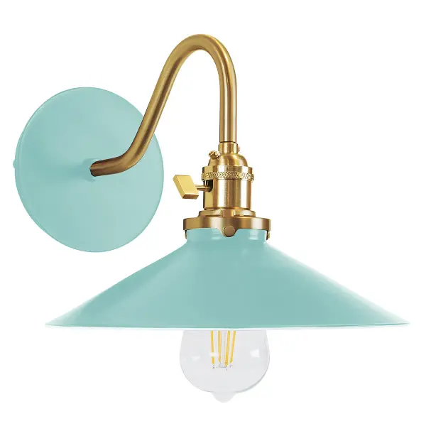 The Uno Wall Sconce is a nod to our industrial roots. Designed around a single Uno socket and shade holder, with multiple shades in various materials, the options for this series are endless. These sconces are for interior use, great fixtures in a living area, bedroom or kitchen. Collection: Uno Finish: Sea Green w/Brushed Brass Glass: 10 inch Uno Notes: Option (1) A19 LED or A19 LED Filament Width: 10.00" Height: 8.50" Length: 12.75" Weight: 6.00 lb Extension from Wall: 12.75" Canopy: 5" diameter Number of Bulbs: 1 Maximum Wattage: 100.00 W Bulb Type: A19 Bulb Base: E26 Medium Light Source: Incandescent or LED equivalent Dimmable Voltage: 120.00 V Country of Origin: US Safety Listing: UL/cUL Safety Rating: Dry Dark Sky LED Manufacturer Warranty: 1-year limited warranty on the fixture.