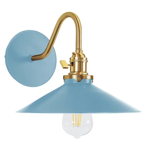 The Uno Wall Sconce is a nod to our industrial roots. Designed around a single Uno socket and shade holder, with multiple shades in various materials, the options for this series are endless. These sconces are for interior use, great fixtures in a living area, bedroom or kitchen. Collection: Uno Finish: Light Blue w/Brushed Brass Glass: 10 inch Uno Notes: Option (1) A19 LED or A19 LED Filament Width: 10.00" Height: 8.50" Length: 12.75" Weight: 6.00 lb Extension from Wall: 12.75" Canopy: 5" diameter Number of Bulbs: 1 Maximum Wattage: 100.00 W Bulb Type: A19 Bulb Base: E26 Medium Light Source: Incandescent or LED equivalent Dimmable Voltage: 120.00 V Country of Origin: US Safety Listing: UL/cUL Safety Rating: Dry Dark Sky LED Manufacturer Warranty: 1-year limited warranty on the fixture.