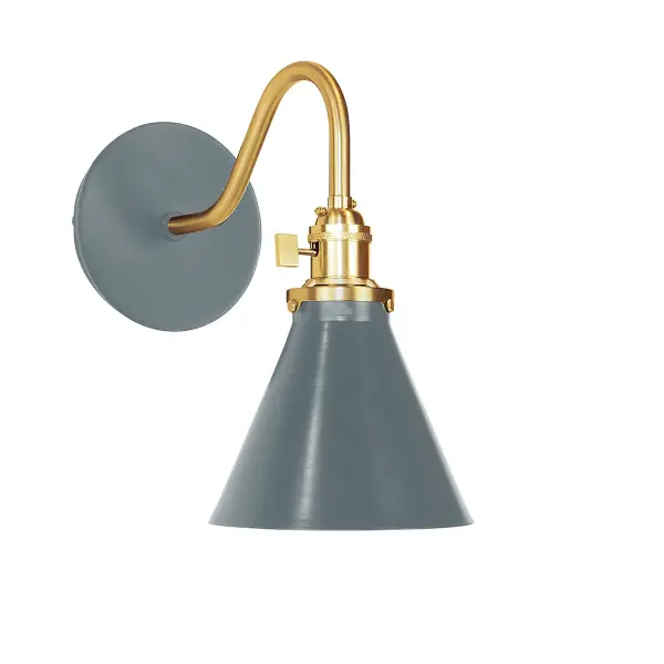 The Uno Wall Sconce is a nod to our industrial roots. Designed around a single Uno socket and shade holder, with multiple shades in various materials, the options for this series are endless. These sconces are for interior use, great fixtures in a living area, bedroom or kitchen. Collection: Uno Finish: Slate Gray w/Brushed Brass Glass: 6 inch Uno Notes: Option (1) A19 LED or A19 LED Filament Width: 6.00" Height: 11.00" Length: 10.75" Weight: 6.00 lb Extension from Wall: 10.75" Canopy: 5" diameter Number of Bulbs: 1 Maximum Wattage: 100.00 W Bulb Type: A19 Bulb Base: E26 Medium Light Source: Incandescent or LED equivalent Dimmable Voltage: 120.00 V Country of Origin: US Safety Listing: UL/cUL Safety Rating: Dry Dark Sky LED Manufacturer Warranty: 1-year limited warranty on the fixture.