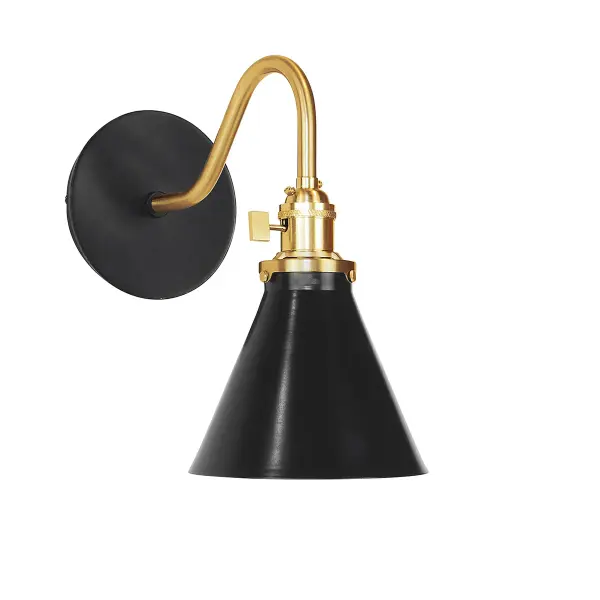 The Uno Wall Sconce is a nod to our industrial roots. Designed around a single Uno socket and shade holder, with multiple shades in various materials, the options for this series are endless. These sconces are for interior use, great fixtures in a living area, bedroom or kitchen. Collection: Uno Finish: Black w/Brushed Brass Glass: 6 inch Uno Notes: Option (1) A19 LED or A19 LED Filament Width: 6.00" Height: 11.00" Length: 10.75" Weight: 6.00 lb Extension from Wall: 10.75" Canopy: 5" diameter Number of Bulbs: 1 Maximum Wattage: 100.00 W Bulb Type: A19 Bulb Base: E26 Medium Light Source: Incandescent or LED equivalent Dimmable Voltage: 120.00 V Country of Origin: US Safety Listing: UL/cUL Safety Rating: Dry Dark Sky LED Manufacturer Warranty: 1-year limited warranty on the fixture.