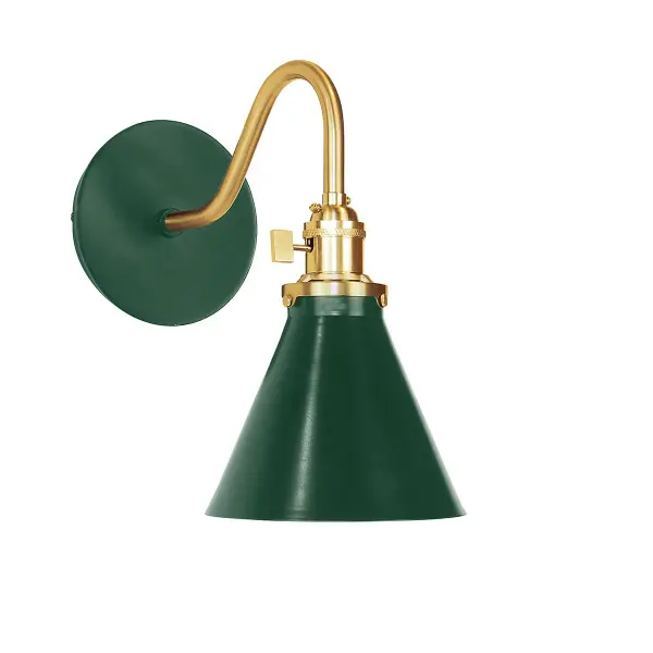 The Uno Wall Sconce is a nod to our industrial roots. Designed around a single Uno socket and shade holder, with multiple shades in various materials, the options for this series are endless. These sconces are for interior use, great fixtures in a living area, bedroom or kitchen. Collection: Uno Finish: Forest Green w/Brushed Brass Glass: 6 inch Uno Notes: Option (1) A19 LED or A19 LED Filament Width: 6.00" Height: 11.00" Length: 10.75" Weight: 6.00 lb Extension from Wall: 10.75" Canopy: 5" diameter Number of Bulbs: 1 Maximum Wattage: 100.00 W Bulb Type: A19 Bulb Base: E26 Medium Light Source: Incandescent or LED equivalent Dimmable Voltage: 120.00 V Country of Origin: US Safety Listing: UL/cUL Safety Rating: Dry Dark Sky LED Manufacturer Warranty: 1-year limited warranty on the fixture.