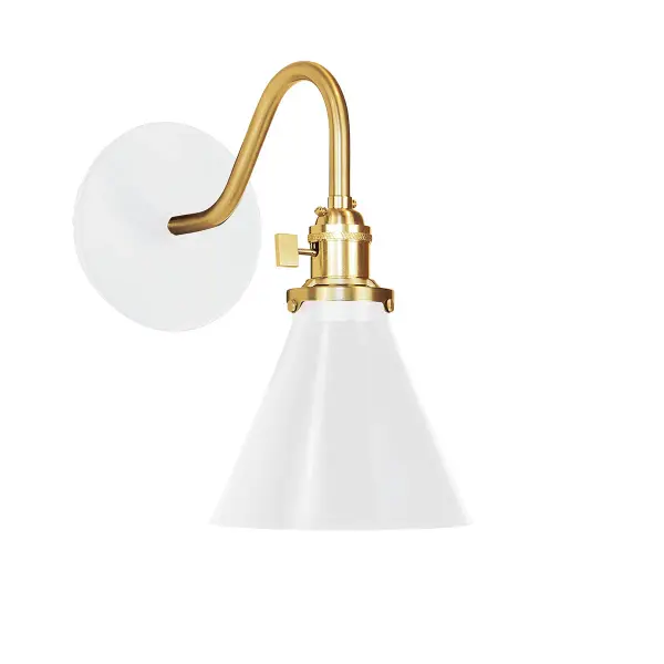 The Uno Wall Sconce is a nod to our industrial roots. Designed around a single Uno socket and shade holder, with multiple shades in various materials, the options for this series are endless. These sconces are for interior use, great fixtures in a living area, bedroom or kitchen. Collection: Uno Finish: White w/Brushed Brass Glass: 6 inch Uno Notes: Option (1) A19 LED or A19 LED Filament Width: 6.00" Height: 11.00" Length: 10.75" Weight: 6.00 lb Extension from Wall: 10.75" Canopy: 5" diameter Number of Bulbs: 1 Maximum Wattage: 100.00 W Bulb Type: A19 Bulb Base: E26 Medium Light Source: Incandescent or LED equivalent Dimmable Voltage: 120.00 V Country of Origin: US Safety Listing: UL/cUL Safety Rating: Dry Dark Sky LED Manufacturer Warranty: 1-year limited warranty on the fixture.