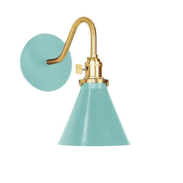 The Uno Wall Sconce is a nod to our industrial roots. Designed around a single Uno socket and shade holder, with multiple shades in various materials, the options for this series are endless. These sconces are for interior use, great fixtures in a living area, bedroom or kitchen. Collection: Uno Finish: Sea Green w/Brushed Brass Glass: 6 inch Uno Notes: Option (1) A19 LED or A19 LED Filament Width: 6.00" Height: 11.00" Length: 10.75" Weight: 6.00 lb Extension from Wall: 10.75" Canopy: 5" diameter Number of Bulbs: 1 Maximum Wattage: 100.00 W Bulb Type: A19 Bulb Base: E26 Medium Light Source: Incandescent or LED equivalent Dimmable Voltage: 120.00 V Country of Origin: US Safety Listing: UL/cUL Safety Rating: Dry Dark Sky LED Manufacturer Warranty: 1-year limited warranty on the fixture.