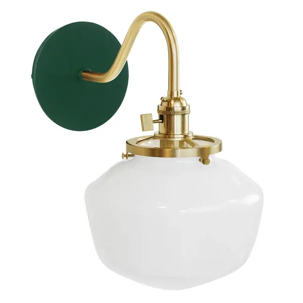 The Uno Wall Sconce is a nod to our industrial roots. Designed around a single Uno socket and shade holder, with multiple shades in various materials, the options for this series are endless. These sconces are for interior use, great fixtures in a living area, bedroom or kitchen. Collection: Uno Finish: Forest Green w/Brushed Brass Glass: 8 inch Uno Notes: Option (1) A19 LED or A19 LED Filament Width: 8.00" Height: 12.25" Length: 11.50" Weight: 6.00 lb Extension from Wall: 11.50" Canopy: 5" diameter Number of Bulbs: 1 Maximum Wattage: 100.00 W Bulb Type: A19 Bulb Base: E26 Medium Light Source: Incandescent or LED equivalent Dimmable Voltage: 120.00 V Country of Origin: US Safety Listing: UL/cUL Safety Rating: Dry Dark Sky LED Manufacturer Warranty: 1-year limited warranty on the fixture.