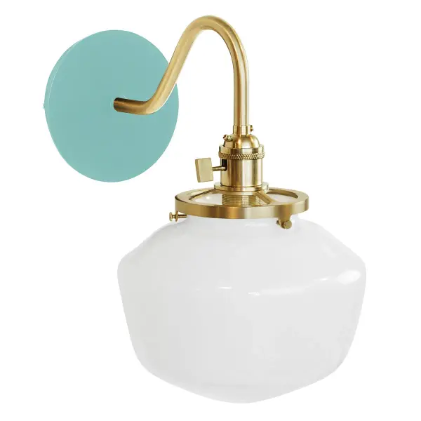 The Uno Wall Sconce is a nod to our industrial roots. Designed around a single Uno socket and shade holder, with multiple shades in various materials, the options for this series are endless. These sconces are for interior use, great fixtures in a living area, bedroom or kitchen. Collection: Uno Finish: Sea Green w/Brushed Brass Glass: 8 inch Uno Notes: Option (1) A19 LED or A19 LED Filament Width: 8.00" Height: 12.25" Length: 11.50" Weight: 6.00 lb Extension from Wall: 11.50" Canopy: 5" diameter Number of Bulbs: 1 Maximum Wattage: 100.00 W Bulb Type: A19 Bulb Base: E26 Medium Light Source: Incandescent or LED equivalent Dimmable Voltage: 120.00 V Country of Origin: US Safety Listing: UL/cUL Safety Rating: Dry Dark Sky LED Manufacturer Warranty: 1-year limited warranty on the fixture.