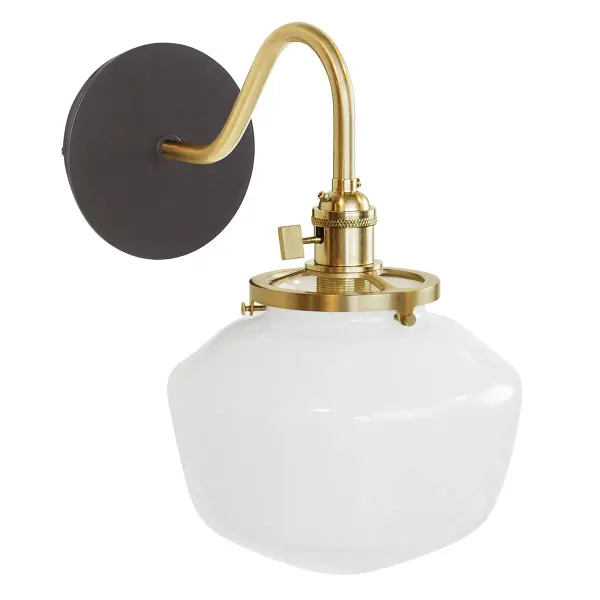 The Uno Wall Sconce is a nod to our industrial roots. Designed around a single Uno socket and shade holder, with multiple shades in various materials, the options for this series are endless. These sconces are for interior use, great fixtures in a living area, bedroom or kitchen. Collection: Uno Finish: Architectural Bronze w/Brushed Brass Glass: 8 inch Uno Notes: Option (1) A19 LED or A19 LED Filament Width: 8.00" Height: 12.25" Length: 11.50" Weight: 6.00 lb Extension from Wall: 11.50" Canopy: 5" diameter Number of Bulbs: 1 Maximum Wattage: 100.00 W Bulb Type: A19 Bulb Base: E26 Medium Light Source: Incandescent or LED equivalent Dimmable Voltage: 120.00 V Country of Origin: US Safety Listing: UL/cUL Safety Rating: Dry Dark Sky LED Manufacturer Warranty: 1-year limited warranty on the fixture.