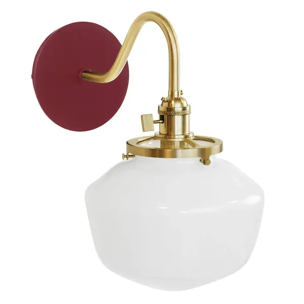 The Uno Wall Sconce is a nod to our industrial roots. Designed around a single Uno socket and shade holder, with multiple shades in various materials, the options for this series are endless. These sconces are for interior use, great fixtures in a living area, bedroom or kitchen. Collection: Uno Finish: Barn Red w/Brushed Brass Glass: 8 inch Uno Notes: Option (1) A19 LED or A19 LED Filament Width: 8.00" Height: 12.25" Length: 11.50" Weight: 6.00 lb Extension from Wall: 11.50" Canopy: 5" diameter Number of Bulbs: 1 Maximum Wattage: 100.00 W Bulb Type: A19 Bulb Base: E26 Medium Light Source: Incandescent or LED equivalent Dimmable Voltage: 120.00 V Country of Origin: US Safety Listing: UL/cUL Safety Rating: Dry Dark Sky LED Manufacturer Warranty: 1-year limited warranty on the fixture.