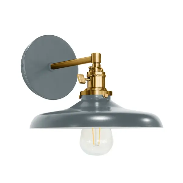 The Uno Wall Sconce is a nod to our industrial roots. Designed around a single Uno socket and shade holder, with multiple shades in various materials, the options for this series are endless. These sconces are for interior use, great fixtures in a living area, bedroom or kitchen. Collection: Uno Finish: Slate Gray w/Brushed Brass Glass: 10 inch Uno Notes: Option (1) A19 LED or A19 LED Filament Width: 10.00" Height: 8.13" Length: 11.63" Weight: 6.00 lb Extension from Wall: 11.63" Canopy: 5" diameter Number of Bulbs: 1 Maximum Wattage: 100.00 W Bulb Type: A19 Bulb Base: E26 Medium Light Source: Incandescent or LED equivalent Dimmable Voltage: 120.00 V Country of Origin: US Safety Listing: UL/cUL Safety Rating: Dry Dark Sky LED Manufacturer Warranty: 1-year limited warranty on the fixture.