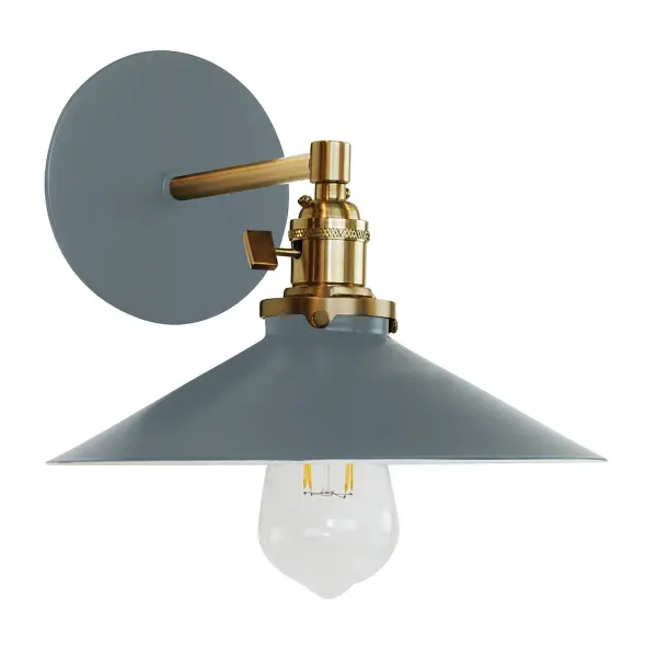 The Uno Wall Sconce is a nod to our industrial roots. Designed around a single Uno socket and shade holder, with multiple shades in various materials, the options for this series are endless. These sconces are for interior use, great fixtures in a living area, bedroom or kitchen. Collection: Uno Finish: Slate Gray w/Brushed Brass Glass: 10 inch Uno Notes: Option (1) A19 LED or A19 LED Filament Width: 10.00" Height: 8.00" Length: 11.50" Weight: 6.00 lb Extension from Wall: 11.50" Canopy: 5" diameter Number of Bulbs: 1 Maximum Wattage: 100.00 W Bulb Type: A19 Bulb Base: E26 Medium Light Source: Incandescent or LED equivalent Dimmable Voltage: 120.00 V Country of Origin: US Safety Listing: UL/cUL Safety Rating: Dry Dark Sky LED Manufacturer Warranty: 1-year limited warranty on the fixture.