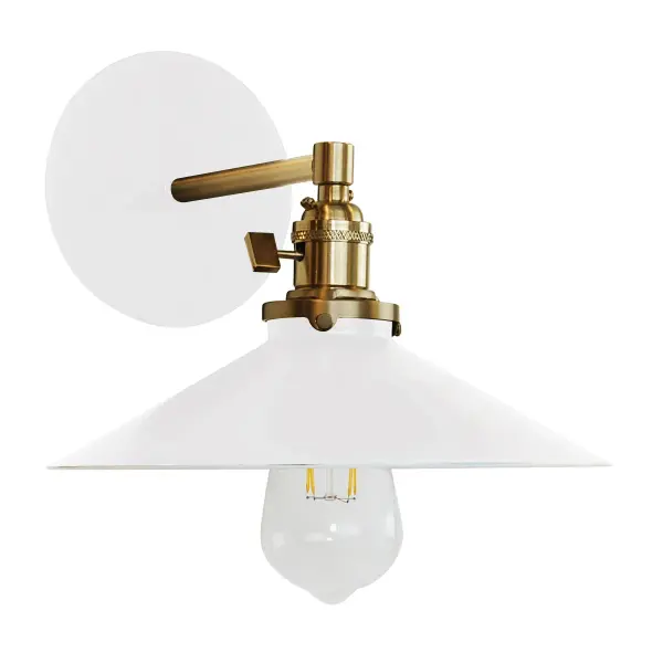 The Uno Wall Sconce is a nod to our industrial roots. Designed around a single Uno socket and shade holder, with multiple shades in various materials, the options for this series are endless. These sconces are for interior use, great fixtures in a living area, bedroom or kitchen. Collection: Uno Finish: White w/Brushed Brass Glass: 10 inch Uno Notes: Option (1) A19 LED or A19 LED Filament Width: 10.00" Height: 8.00" Length: 11.50" Weight: 6.00 lb Extension from Wall: 11.50" Canopy: 5" diameter Number of Bulbs: 1 Maximum Wattage: 100.00 W Bulb Type: A19 Bulb Base: E26 Medium Light Source: Incandescent or LED equivalent Dimmable Voltage: 120.00 V Country of Origin: US Safety Listing: UL/cUL Safety Rating: Dry Dark Sky LED Manufacturer Warranty: 1-year limited warranty on the fixture.