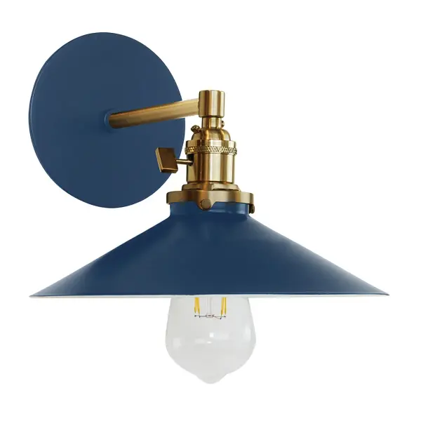 The Uno Wall Sconce is a nod to our industrial roots. Designed around a single Uno socket and shade holder, with multiple shades in various materials, the options for this series are endless. These sconces are for interior use, great fixtures in a living area, bedroom or kitchen. Collection: Uno Finish: Navy w/Brushed Brass Glass: 10 inch Uno Notes: Option (1) A19 LED or A19 LED Filament Width: 10.00" Height: 8.00" Length: 11.50" Weight: 6.00 lb Extension from Wall: 11.50" Canopy: 5" diameter Number of Bulbs: 1 Maximum Wattage: 100.00 W Bulb Type: A19 Bulb Base: E26 Medium Light Source: Incandescent or LED equivalent Dimmable Voltage: 120.00 V Country of Origin: US Safety Listing: UL/cUL Safety Rating: Dry Dark Sky LED Manufacturer Warranty: 1-year limited warranty on the fixture.