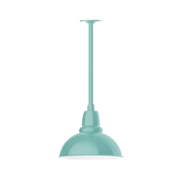 Stem hung pendants are UL wet rated for outdoor use. Choose from multiple vertical stem lengths to suit your application. Outdoor hanging pendant lights work well on a porch, in a garage or workshop. A secure mount for commercial as well as residential exterior locations. Our Cafe shades will help transform your outdoor living area into a warm and intimate gathering space. Collection: Cafe Finish: Sea Green Glass: Clear Glass with Cast Guard Width: 12.00" Height: 20.75" Length: 12.00" Weight: 6.00 lb Canopy: 4.125" diameter Number of Bulbs: 1 Maximum Wattage: 10.00 W Bulb Type: LED Light Source: LED Light Output: 800.00 lm Color Temperature: 2700 K CRI: 90 Dimmable Rated Average Life: 50,000 Voltage: 120.00 V Country of Origin: US Safety Listing: UL/cUL Safety Rating: Wet Dark Sky LED Manufacturer Warranty: 1-year limited warranty on the fixture.