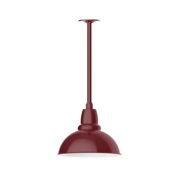 Stem hung pendants are UL wet rated for outdoor use. Choose from multiple vertical stem lengths to suit your application. Outdoor hanging pendant lights work well on a porch, in a garage or workshop. A secure mount for commercial as well as residential exterior locations. Our Cafe shades will help transform your outdoor living area into a warm and intimate gathering space. Collection: Cafe Finish: Barn Red Glass: 12 inch Cafe Width: 12.00" Height: 20.75" Length: 12.00" Weight: 7.00 lb Canopy: 4.125" diameter Number of Bulbs: 1 Maximum Wattage: 10.00 W Bulb Type: LED Light Source: LED Light Output: 800.00 lm Color Temperature: 3000 K CRI: 90 Dimmable Rated Average Life: 50,000 Voltage: 120.00 V Country of Origin: US Safety Listing: UL/cUL Safety Rating: Wet Dark Sky LED Manufacturer Warranty: 1-year limited warranty on the fixture.