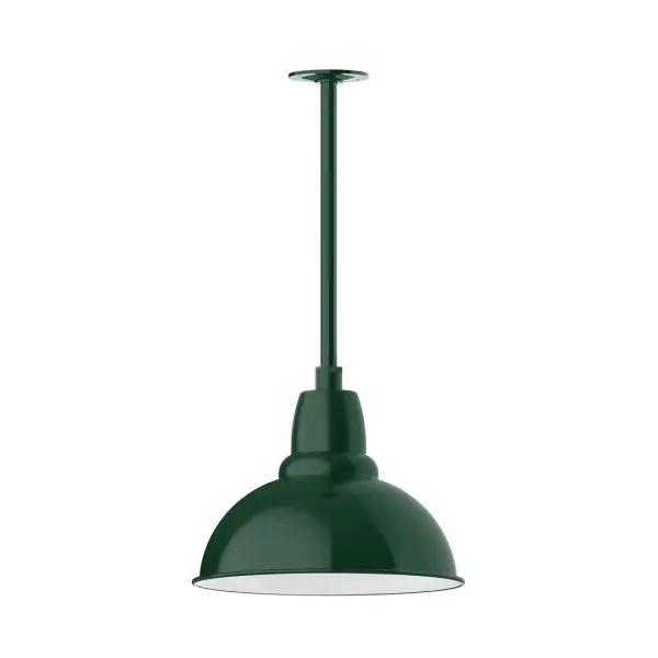 Stem hung pendants are UL wet rated for outdoor use. Choose from multiple vertical stem lengths to suit your application. Outdoor hanging pendant lights work well on a porch, in a garage or workshop. A secure mount for commercial as well as residential exterior locations. Our Cafe shades will help transform your outdoor living area into a warm and intimate gathering space. Collection: Cafe Finish: Forest Green Glass: Clear Glass with Cast Guard Width: 14.00" Height: 22.00" Length: 14.00" Weight: 3.50 lb Canopy: 4.125" diameter Number of Bulbs: 1 Maximum Wattage: 15.00 W Bulb Type: LED Light Source: LED Light Output: 1200.00 lm Color Temperature: 2700 K CRI: 90 Dimmable Rated Average Life: 50,000 Voltage: 120.00 V Country of Origin: US Safety Listing: UL/cUL Safety Rating: Wet Dark Sky LED Manufacturer Warranty: 1-year limited warranty on the fixture.