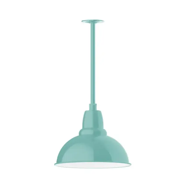 Stem hung pendants are UL wet rated for outdoor use. Choose from multiple vertical stem lengths to suit your application. Outdoor hanging pendant lights work well on a porch, in a garage or workshop. A secure mount for commercial as well as residential exterior locations. Our Cafe shades will help transform your outdoor living area into a warm and intimate gathering space. Collection: Cafe Finish: Sea Green Glass: 14 inch Cafe Width: 14.00" Height: 34.00" Length: 14.00" Weight: 3.50 lb Canopy: 4.125" diameter Number of Bulbs: 1 Maximum Wattage: 15.00 W Bulb Type: LED Light Source: LED Light Output: 1200.00 lm Color Temperature: 2700 K CRI: 90 Dimmable Rated Average Life: 50,000 Voltage: 120.00 V Country of Origin: US Safety Listing: UL/cUL Safety Rating: Wet Dark Sky LED Manufacturer Warranty: 1-year limited warranty on the fixture.
