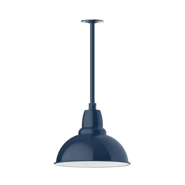 Stem hung pendants are UL wet rated for outdoor use. Choose from multiple vertical stem lengths to suit your application. Outdoor hanging pendant lights work well on a porch, in a garage or workshop. A secure mount for commercial as well as residential exterior locations. Our Cafe shades will help transform your outdoor living area into a warm and intimate gathering space. Collection: Cafe Finish: Navy Glass: Clear Glass with Cast Guard Width: 14.00" Height: 22.00" Length: 14.00" Weight: 3.50 lb Canopy: 4.125" diameter Number of Bulbs: 1 Maximum Wattage: 15.00 W Bulb Type: LED Light Source: LED Light Output: 1200.00 lm Color Temperature: 2700 K CRI: 90 Dimmable Rated Average Life: 50,000 Voltage: 120.00 V Country of Origin: US Safety Listing: UL/cUL Safety Rating: Wet Dark Sky LED Manufacturer Warranty: 1-year limited warranty on the fixture.