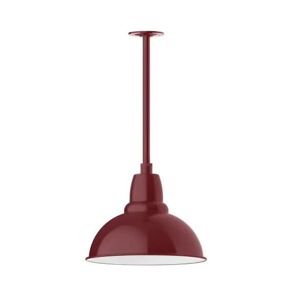 Stem hung pendants are UL wet rated for outdoor use. Choose from multiple vertical stem lengths to suit your application. Outdoor hanging pendant lights work well on a porch, in a garage or workshop. A secure mount for commercial as well as residential exterior locations. Our Cafe shades will help transform your outdoor living area into a warm and intimate gathering space. Collection: Cafe Finish: Barn Red Glass: 14 inch Cafe Width: 14.00" Height: 22.00" Length: 14.00" Weight: 3.50 lb Canopy: 4.125" diameter Number of Bulbs: 1 Maximum Wattage: 15.00 W Bulb Type: LED Light Source: LED Light Output: 1200.00 lm Color Temperature: 3000 K CRI: 90 Dimmable Rated Average Life: 50,000 Voltage: 120.00 V Country of Origin: US Safety Listing: UL/cUL Safety Rating: Wet Dark Sky LED Manufacturer Warranty: 1-year limited warranty on the fixture.