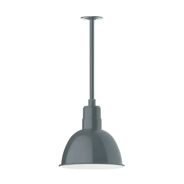 Stem hung pendants are UL wet rated for outdoor use. Choose from multiple vertical stem lengths to suit your application. Outdoor hanging pendant lights work well on a porch, in a garage or workshop. A secure mount for commercial as well as residential exterior locations. Our Deep Bowl shade, the ultimate domed reflector, is classic in shape and offers great light output. Collection: Deep Bowl Finish: Slate Gray Glass: 12 inch Deep Bowl Width: 12.00" Height: 47.00" Length: 12.00" Weight: 8.00 lb Canopy: 4.125" diameter Number of Bulbs: 1 Maximum Wattage: 10.00 W Bulb Type: LED Light Source: LED Light Output: 800.00 lm Color Temperature: 2700 K CRI: 90 Dimmable Rated Average Life: 50,000 Voltage: 120.00 V Country of Origin: US Safety Listing: UL/cUL Safety Rating: Wet Dark Sky LED Manufacturer Warranty: 1-year limited warranty on the fixture.