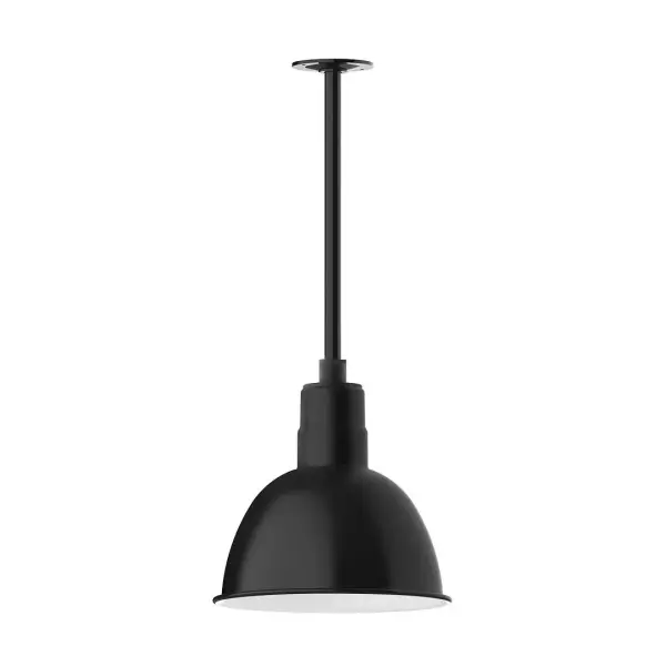 Stem hung pendants are UL wet rated for outdoor use. Choose from multiple vertical stem lengths to suit your application. Outdoor hanging pendant lights work well on a porch, in a garage or workshop. A secure mount for commercial as well as residential exterior locations. Our Deep Bowl shade, the ultimate domed reflector, is classic in shape and offers great light output. Collection: Deep Bowl Finish: Black Glass: 12 inch Deep Bowl Width: 12.00" Height: 23.00" Length: 12.00" Weight: 8.00 lb Canopy: 4.125" diameter Number of Bulbs: 1 Maximum Wattage: 10.00 W Bulb Type: LED Light Source: LED Light Output: 800.00 lm Color Temperature: 3000 K CRI: 90 Dimmable Rated Average Life: 50,000 Voltage: 120.00 V Country of Origin: US Safety Listing: UL/cUL Safety Rating: Wet Dark Sky LED Manufacturer Warranty: 1-year limited warranty on the fixture.