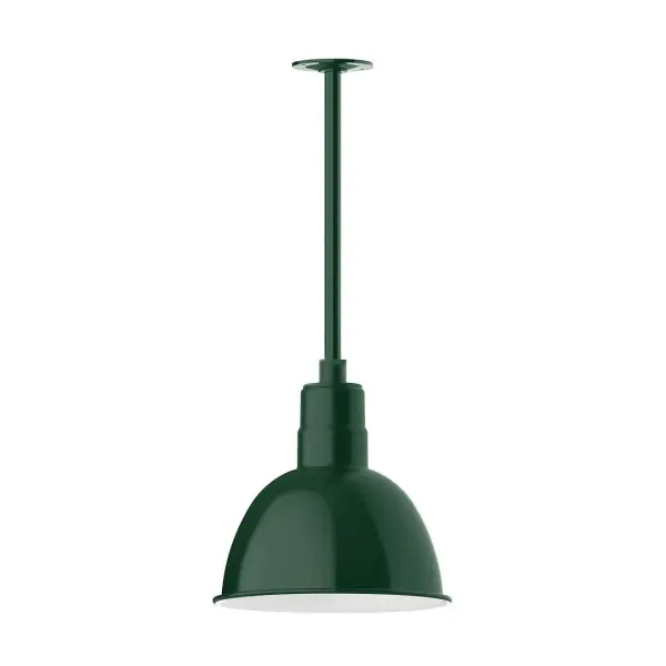 Stem hung pendants are UL wet rated for outdoor use. Choose from multiple vertical stem lengths to suit your application. Outdoor hanging pendant lights work well on a porch, in a garage or workshop. A secure mount for commercial as well as residential exterior locations. Our Deep Bowl shade, the ultimate domed reflector, is classic in shape and offers great light output. Collection: Deep Bowl Finish: Forest Green Glass: 12 inch Deep Bowl Notes: Option (1) A19 LED and 3-Integrated 8W, 10W, 15W Width: 12.00" Height: 23.00" Length: 12.00" Weight: 8.00 lb Canopy: 4.125" diameter Number of Bulbs: 1 Maximum Wattage: 100.00 W Bulb Type: A19 Bulb Base: E26 Medium Light Source: Incandescent or LED equivalent Dimmable Voltage: 120.00 V Country of Origin: US Safety Listing: UL/cUL Safety Rating: Wet Dark Sky LED Manufacturer Warranty: 1-year limited warranty on the fixture.