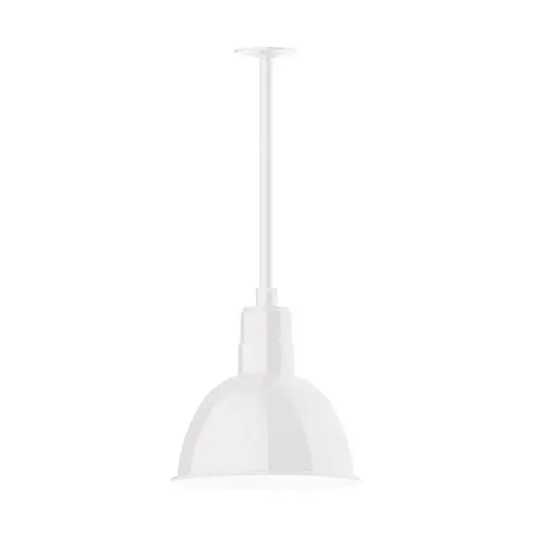 Stem hung pendants are UL wet rated for outdoor use. Choose from multiple vertical stem lengths to suit your application. Outdoor hanging pendant lights work well on a porch, in a garage or workshop. A secure mount for commercial as well as residential exterior locations. Our Deep Bowl shade, the ultimate domed reflector, is classic in shape and offers great light output. Collection: Deep Bowl Finish: White Glass: 12 inch Deep Bowl Notes: Option (1) A19 LED and 3-Integrated 8W, 10W, 15W Width: 12.00" Height: 23.00" Length: 12.00" Weight: 8.00 lb Canopy: 4.125" diameter Number of Bulbs: 1 Maximum Wattage: 100.00 W Bulb Type: A19 Bulb Base: E26 Medium Light Source: Incandescent or LED equivalent Dimmable Voltage: 120.00 V Country of Origin: US Safety Listing: UL/cUL Safety Rating: Wet Dark Sky LED Manufacturer Warranty: 1-year limited warranty on the fixture.