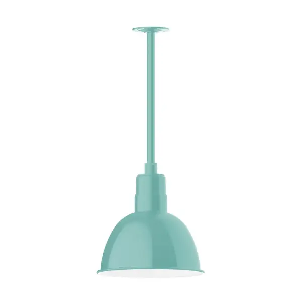 Stem hung pendants are UL wet rated for outdoor use. Choose from multiple vertical stem lengths to suit your application. Outdoor hanging pendant lights work well on a porch, in a garage or workshop. A secure mount for commercial as well as residential exterior locations. Our Deep Bowl shade, the ultimate domed reflector, is classic in shape and offers great light output. Collection: Deep Bowl Finish: Sea Green Glass: 12 inch Deep Bowl Width: 12.00" Height: 23.00" Length: 12.00" Weight: 8.00 lb Canopy: 4.125" diameter Number of Bulbs: 1 Maximum Wattage: 10.00 W Bulb Type: LED Light Source: LED Light Output: 800.00 lm Color Temperature: 3000 K CRI: 90 Dimmable Rated Average Life: 50,000 Voltage: 120.00 V Country of Origin: US Safety Listing: UL/cUL Safety Rating: Wet Dark Sky LED Manufacturer Warranty: 1-year limited warranty on the fixture.