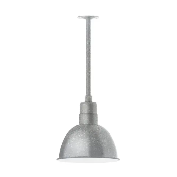 Stem hung pendants are UL wet rated for outdoor use. Choose from multiple vertical stem lengths to suit your application. Outdoor hanging pendant lights work well on a porch, in a garage or workshop. A secure mount for commercial as well as residential exterior locations. Our Deep Bowl shade, the ultimate domed reflector, is classic in shape and offers great light output. Collection: Deep Bowl Finish: Painted Galvanized Glass: 12 inch Deep Bowl Notes: Option (1) A19 LED and 3-Integrated 8W, 10W, 15W Width: 12.00" Height: 23.00" Length: 12.00" Weight: 8.00 lb Canopy: 4.125" diameter Number of Bulbs: 1 Maximum Wattage: 100.00 W Bulb Type: A19 Bulb Base: E26 Medium Light Source: Incandescent or LED equivalent Dimmable Voltage: 120.00 V Country of Origin: US Safety Listing: UL/cUL Safety Rating: Wet Dark Sky LED Manufacturer Warranty: 1-year limited warranty on the fixture.