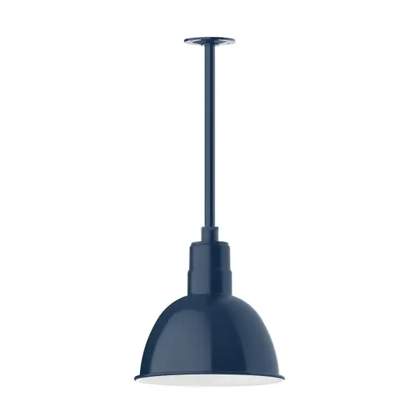 Stem hung pendants are UL wet rated for outdoor use. Choose from multiple vertical stem lengths to suit your application. Outdoor hanging pendant lights work well on a porch, in a garage or workshop. A secure mount for commercial as well as residential exterior locations. Our Deep Bowl shade, the ultimate domed reflector, is classic in shape and offers great light output. Collection: Deep Bowl Finish: Navy Glass: 12 inch Deep Bowl Width: 12.00" Height: 23.00" Length: 12.00" Weight: 8.00 lb Canopy: 4.125" diameter Number of Bulbs: 1 Maximum Wattage: 10.00 W Bulb Type: LED Light Source: LED Light Output: 800.00 lm Color Temperature: 2700 K CRI: 90 Dimmable Rated Average Life: 50,000 Voltage: 120.00 V Country of Origin: US Safety Listing: UL/cUL Safety Rating: Wet Dark Sky LED Manufacturer Warranty: 1-year limited warranty on the fixture.
