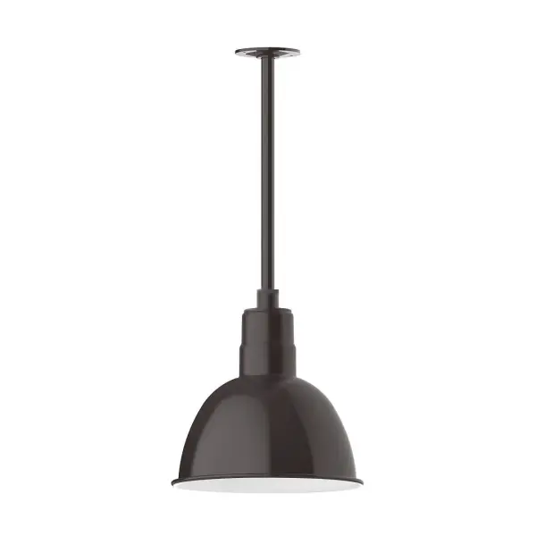 Stem hung pendants are UL wet rated for outdoor use. Choose from multiple vertical stem lengths to suit your application. Outdoor hanging pendant lights work well on a porch, in a garage or workshop. A secure mount for commercial as well as residential exterior locations. Our Deep Bowl shade, the ultimate domed reflector, is classic in shape and offers great light output. Collection: Deep Bowl Finish: Architectural Bronze Glass: 12 inch Deep Bowl Notes: Option (1) A19 LED and 3-Integrated 8W, 10W, 15W Width: 12.00" Height: 41.00" Length: 12.00" Weight: 8.00 lb Canopy: 4.125" diameter Number of Bulbs: 1 Maximum Wattage: 100.00 W Bulb Type: A19 Bulb Base: E26 Medium Light Source: Incandescent or LED equivalent Dimmable Voltage: 120.00 V Country of Origin: US Safety Listing: UL/cUL Safety Rating: Wet Dark Sky LED Manufacturer Warranty: 1-year limited warranty on the fixture.