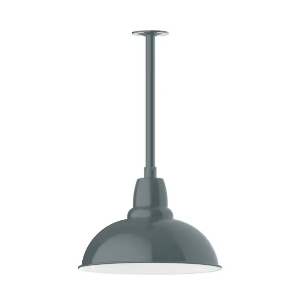 Stem hung pendants are UL wet rated for outdoor use. Choose from multiple vertical stem lengths to suit your application. Outdoor hanging pendant lights work well on a porch, in a garage or workshop. A secure mount for commercial as well as residential exterior locations. Our Cafe shades will help transform your outdoor living area into a warm and intimate gathering space. Collection: Cafe Finish: Slate Gray Glass: 16 inch Cafe Notes: Option (1) A19 LED and 3-Integrated 8W, 10W, 15W Width: 16.00" Height: 22.00" Length: 16.00" Weight: 3.50 lb Canopy: 4.125" diameter Number of Bulbs: 1 Maximum Wattage: 100.00 W Bulb Type: A19 Bulb Base: E26 Medium Light Source: Incandescent or LED equivalent Dimmable Voltage: 120.00 V Country of Origin: US Safety Listing: UL/cUL Safety Rating: Wet Dark Sky LED Manufacturer Warranty: 1-year limited warranty on the fixture.