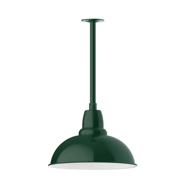 Stem hung pendants are UL wet rated for outdoor use. Choose from multiple vertical stem lengths to suit your application. Outdoor hanging pendant lights work well on a porch, in a garage or workshop. A secure mount for commercial as well as residential exterior locations. Our Cafe shades will help transform your outdoor living area into a warm and intimate gathering space. Collection: Cafe Finish: Forest Green Glass: 16 inch Cafe Notes: Option (1) A19 LED and 3-Integrated 8W, 10W, 15W Width: 16.00" Height: 34.00" Length: 16.00" Weight: 3.50 lb Canopy: 4.125" diameter Number of Bulbs: 1 Maximum Wattage: 100.00 W Bulb Type: A19 Bulb Base: E26 Medium Light Source: Incandescent or LED equivalent Dimmable Voltage: 120.00 V Country of Origin: US Safety Listing: UL/cUL Safety Rating: Wet Dark Sky LED Manufacturer Warranty: 1-year limited warranty on the fixture.