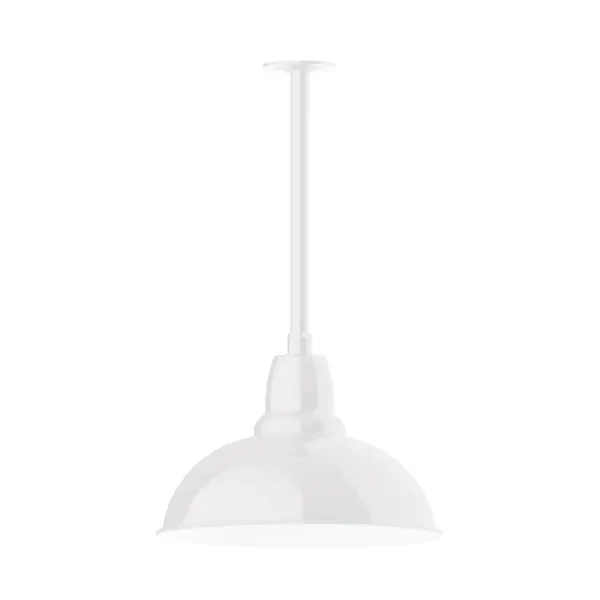 Stem hung pendants are UL wet rated for outdoor use. Choose from multiple vertical stem lengths to suit your application. Outdoor hanging pendant lights work well on a porch, in a garage or workshop. A secure mount for commercial as well as residential exterior locations. Our Cafe shades will help transform your outdoor living area into a warm and intimate gathering space. Collection: Cafe Finish: White Glass: 16 inch Cafe Notes: Option (1) A19 LED and 3-Integrated 8W, 10W, 15W Width: 16.00" Height: 40.00" Length: 16.00" Weight: 3.50 lb Canopy: 4.125" diameter Number of Bulbs: 1 Maximum Wattage: 100.00 W Bulb Type: A19 Bulb Base: E26 Medium Light Source: Incandescent or LED equivalent Dimmable Voltage: 120.00 V Country of Origin: US Safety Listing: UL/cUL Safety Rating: Wet Dark Sky LED Manufacturer Warranty: 1-year limited warranty on the fixture.