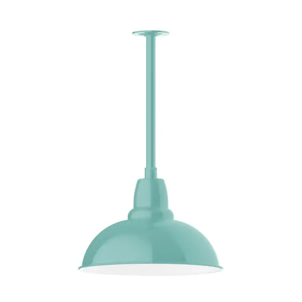 Stem hung pendants are UL wet rated for outdoor use. Choose from multiple vertical stem lengths to suit your application. Outdoor hanging pendant lights work well on a porch, in a garage or workshop. A secure mount for commercial as well as residential exterior locations. Our Cafe shades will help transform your outdoor living area into a warm and intimate gathering space. Collection: Cafe Finish: Sea Green Glass: 16 inch Cafe Notes: Option (1) A19 LED and 3-Integrated 8W, 10W, 15W Width: 16.00" Height: 34.00" Length: 16.00" Weight: 3.50 lb Canopy: 4.125" diameter Number of Bulbs: 1 Maximum Wattage: 100.00 W Bulb Type: A19 Bulb Base: E26 Medium Light Source: Incandescent or LED equivalent Dimmable Voltage: 120.00 V Country of Origin: US Safety Listing: UL/cUL Safety Rating: Wet Dark Sky LED Manufacturer Warranty: 1-year limited warranty on the fixture.